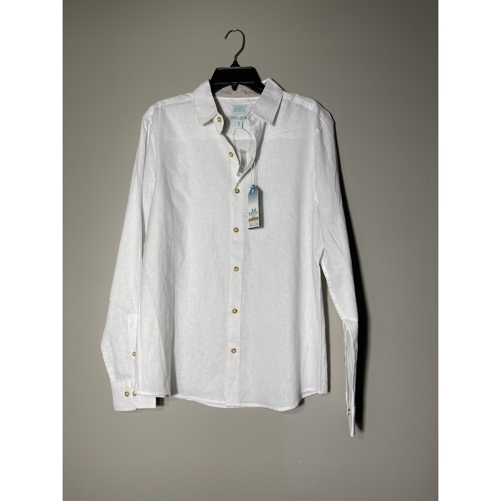 Men's Long Sleeve Linen Button Down Shirt White Tenth+ Ocean Size M NWT